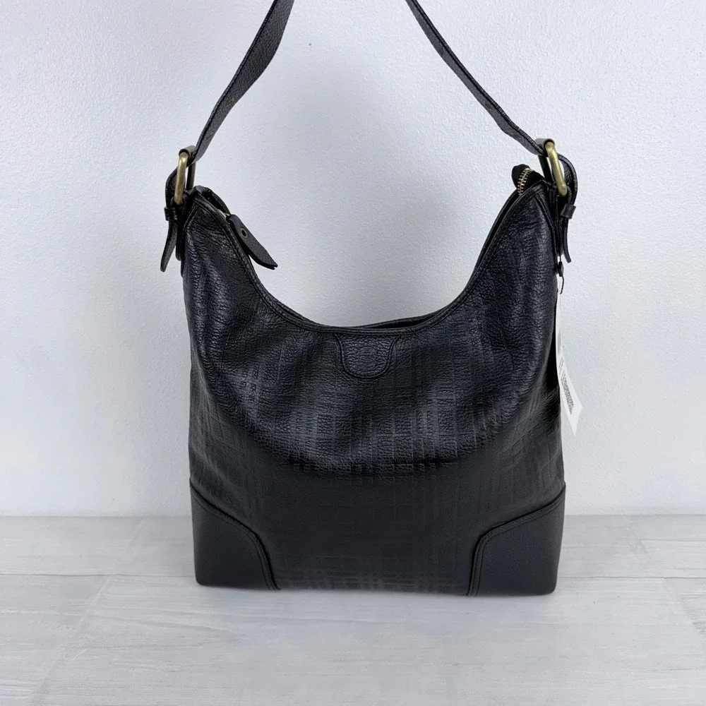 Burberry Hobo Bag Black Embossed Leather Check Quiet Luxury Chic Office Work Bag